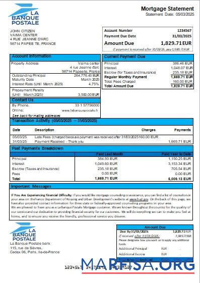 Printable France La Banque Postale bank mortgage statement scr sample
